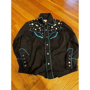 Rockmount Ranch Boys Black Western Shirt Pearl Snaps Planets Space Youth‎ M